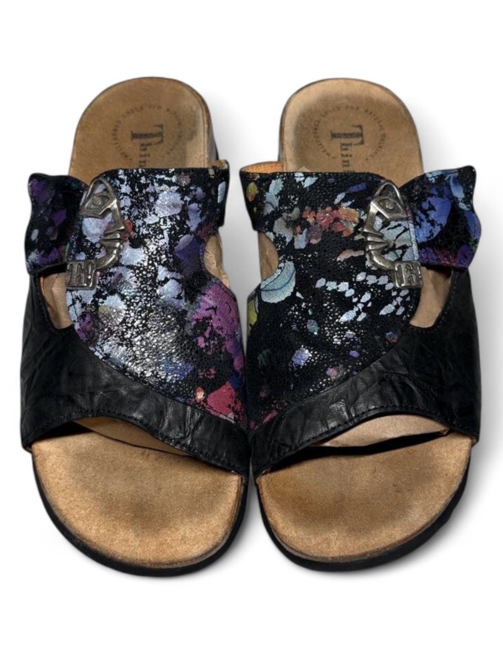 Think! Mizzi Face Leather Sandals Black Paint Splatter Cork Footbed EU 39 US 8.5
